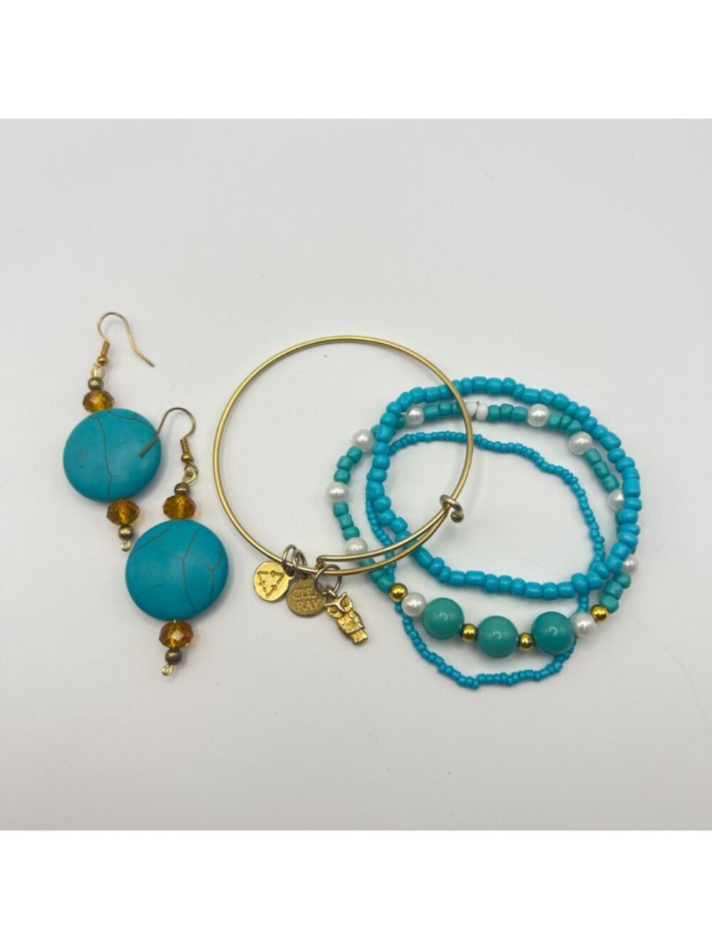 Boho Bracelet Stack Clea Ray Owl Turquoise Howlite Glass Bead Earrings Gold Tone - Picture 2 of 10
